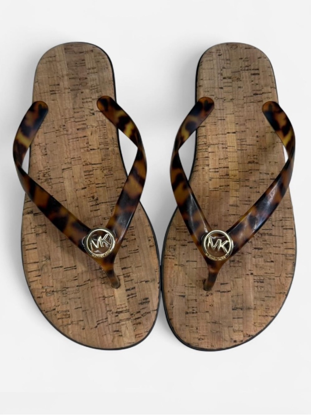 Michael Kors Tortoiseshell-Strap Cork-Effect Flip Flops with Gold Logo